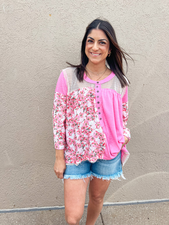BARBIE PINK FLORAL KNIT MIX TOP