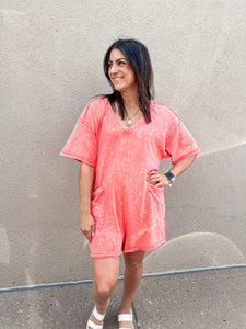 CORAL MINERAL WASHED KNIT ROMPER