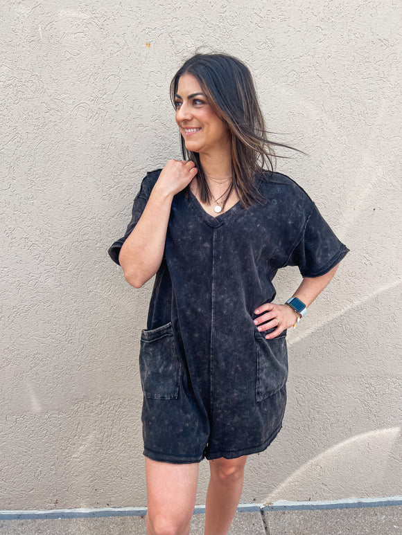 BLACK MINERAL WASHED KNIT ROMPER