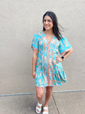 BLUE MIX SHIRRING PRINTED WOVEN MINI DRESS
