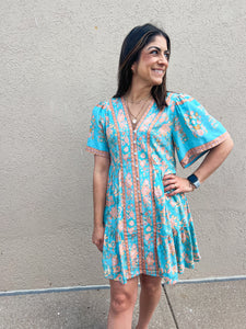 BLUE MIX SHIRRING PRINTED WOVEN MINI DRESS