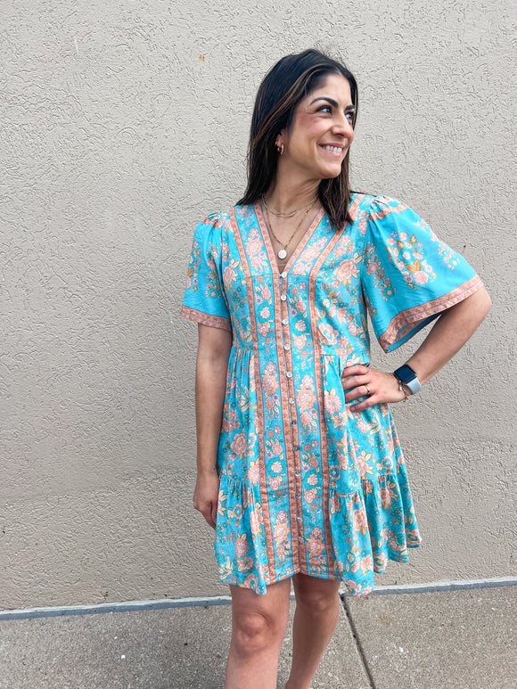 BLUE MIX SHIRRING PRINTED WOVEN MINI DRESS