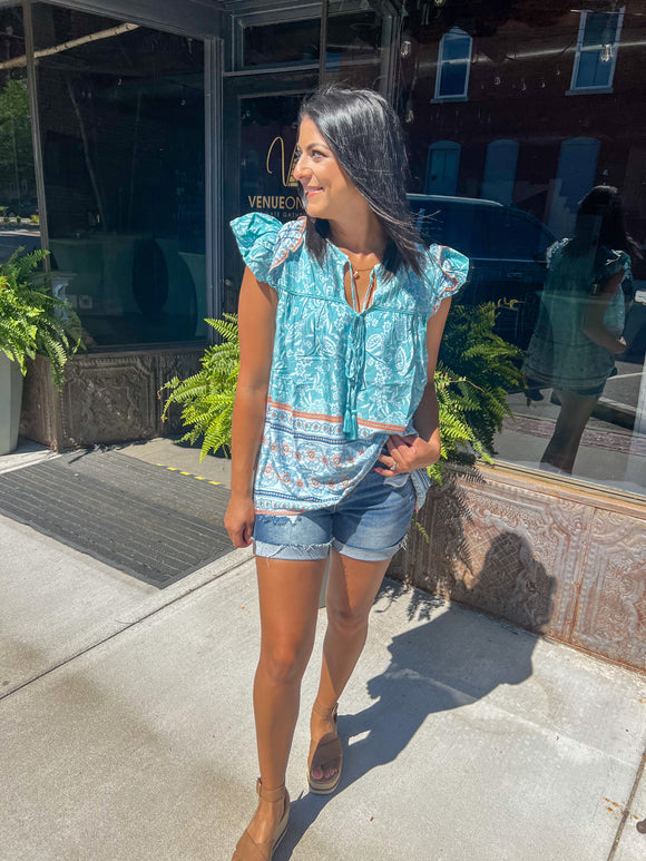 BLUE FLORAL BORDER PRINT FLORAL RUFFLED SLEEVE TOP