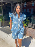 VINTAGE STAR PRINT DENIM ZIP UP ROMPER