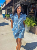 VINTAGE STAR PRINT DENIM ZIP UP ROMPER