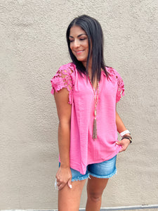 Rose Pink Floral Lace Sleeve Top