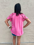 Rose Pink Floral Lace Sleeve Top