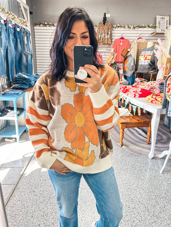 OATMEAL FLORAL AND STRIPE SWEATER TOP