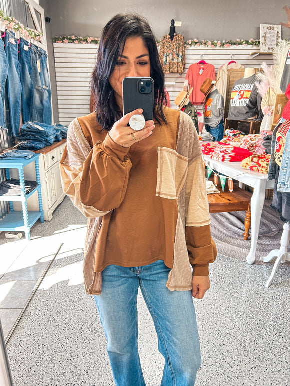 BROWN FRENCH TERRY WITH CABLE KNIT COMBO TOP