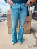 RISEN HIGH RISE KNEE DISTRESSED FLARE JEANS
