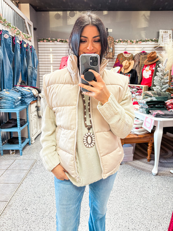 Taupe High Neck Casual Comfy Puffer Vest