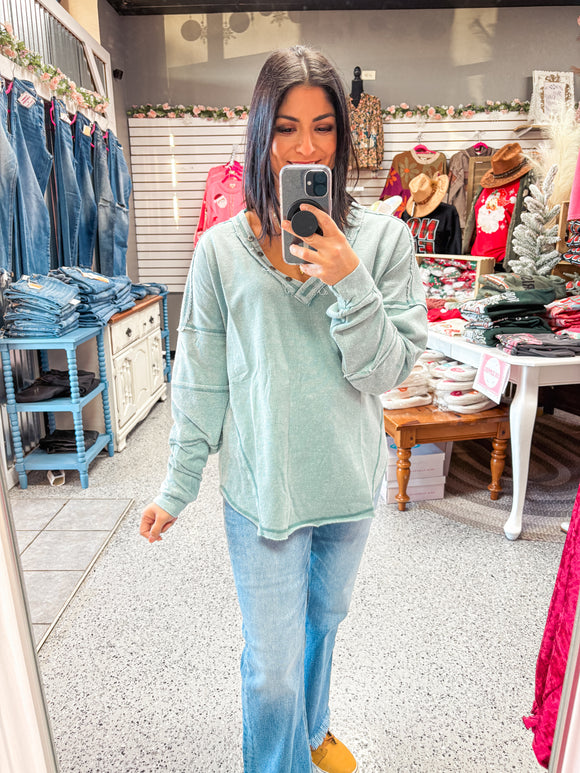 Sage Washed Knit V-Neck Oversized Top