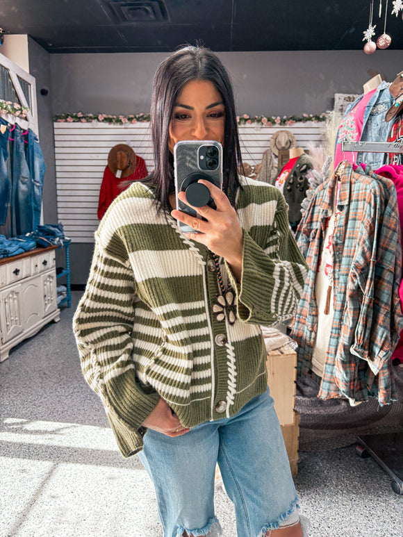 OLIVE MULTI STRIPE BUTTON FRONT SWEATER CARDIGAN