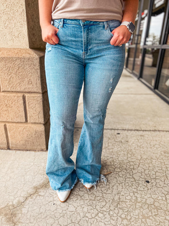 RISEN HIGH RISE DISTRESSED FLARE JEANS