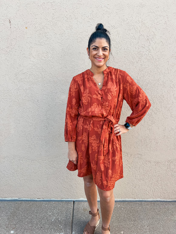 Rust Floral V-Neck Mini Dress