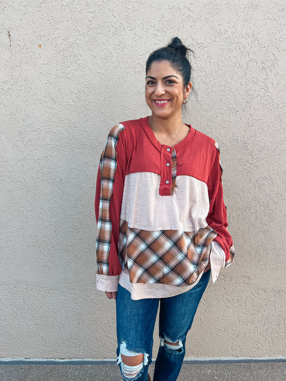 Rust Plaid Mixed Pattern Top