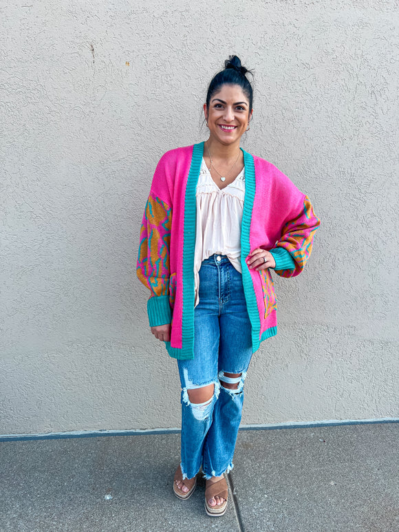 Bright Animal Print Open Front Cardigan