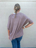 LIGHT MOCHA 3/4 SLEEVE V-NECK HI-LOW HEM JACQUARD SWEATER