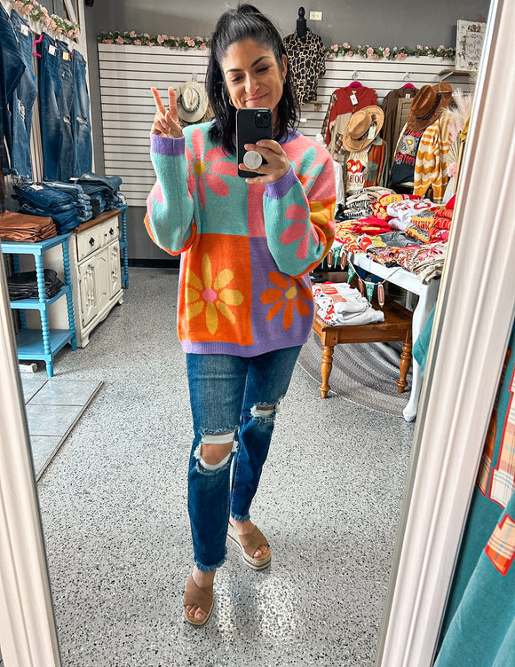 BRIGHT FLORAL COLORBLOCK SWEATER