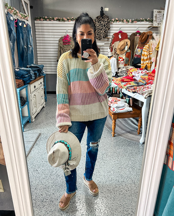 COLORFUL COLOR BLOCK KNIT SWEATER PULLOVER