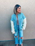BLUE JEAN JACKET WITH SWEATER SLEEVES