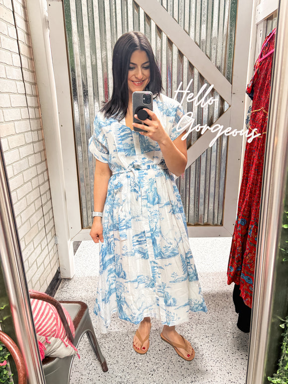 Baby blue Toile Print Midi Dress(K9543)