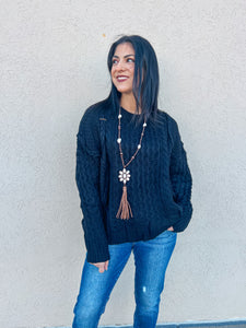 BLACK MIXED BRAIDED CABLE KNIT SWEATER