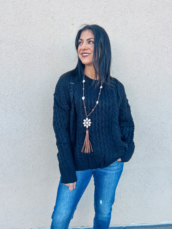 BLACK MIXED BRAIDED CABLE KNIT SWEATER