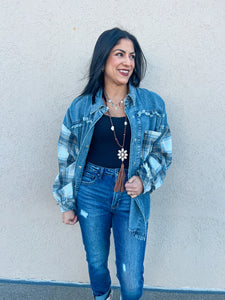 Washed Denim and Plaid Mixed Frayed Detail Jacket