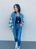 Washed Denim and Plaid Mixed Frayed Detail Jacket