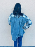 Washed Denim and Plaid Mixed Frayed Detail Jacket