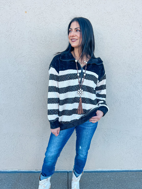 Cream and Black Striped Half Zip Knit Top