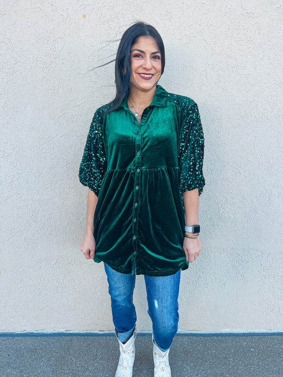 HUNTER GREEN VELVET SPARKLE SLEEVE TOP