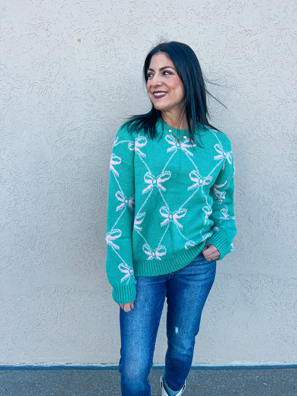 SAGE AND PINK RIBBON KNIT PATTERN SWEATER