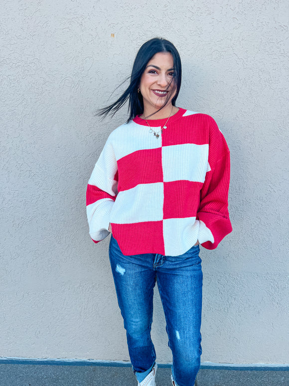 RED OVERSIZED MIXED COLOR BLOCK SWEATER