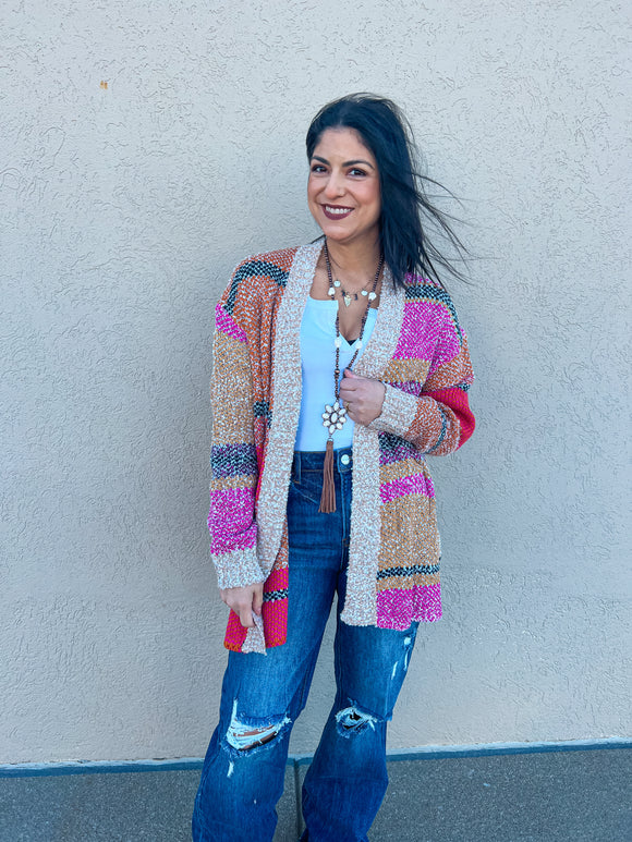 FUSCHIA MINT MIX OVERSIZED COLOR BLOCK CARDIGAN