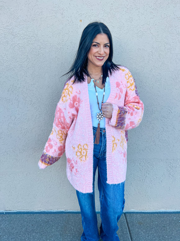 PEACH MUSTARD FLORAL OVERSIZED FUZZY FLORAL CARDIGAN