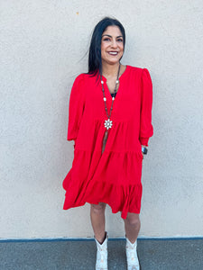 Red V-Neck Tiered Mini Dress