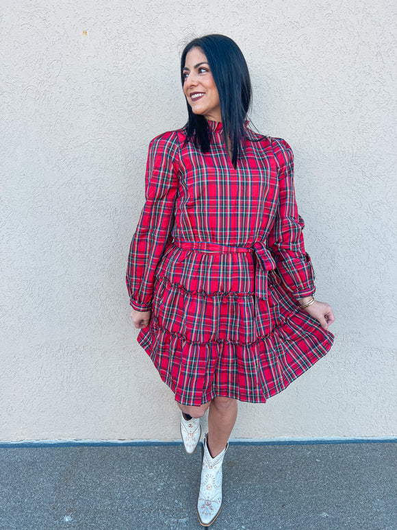 RED PLAID PLAID TIERED RUFFLE MINI DRESS