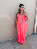 NEON CORAL V-NECK CAMI MAXI DRESS WITH SIDE POCKETS