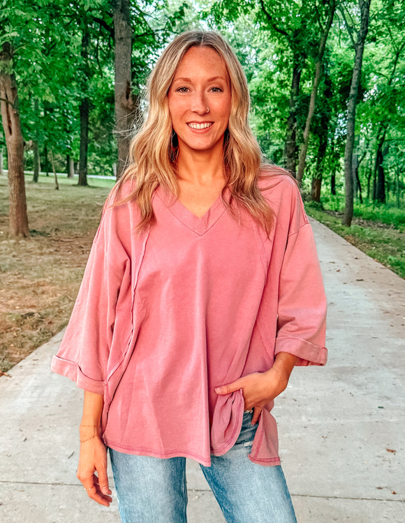 Mauve V-Neck Mineral Washed Top