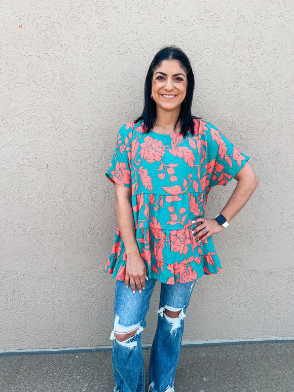 TEAL AND SALMON FLORAL TOP