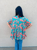 TEAL AND SALMON FLORAL TOP